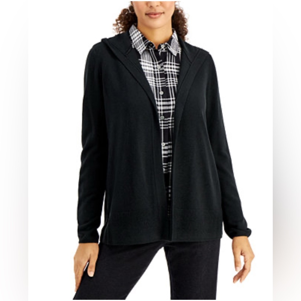 Karen Scott Luxsoft Hooded Open Front Cardigan Black - Size M